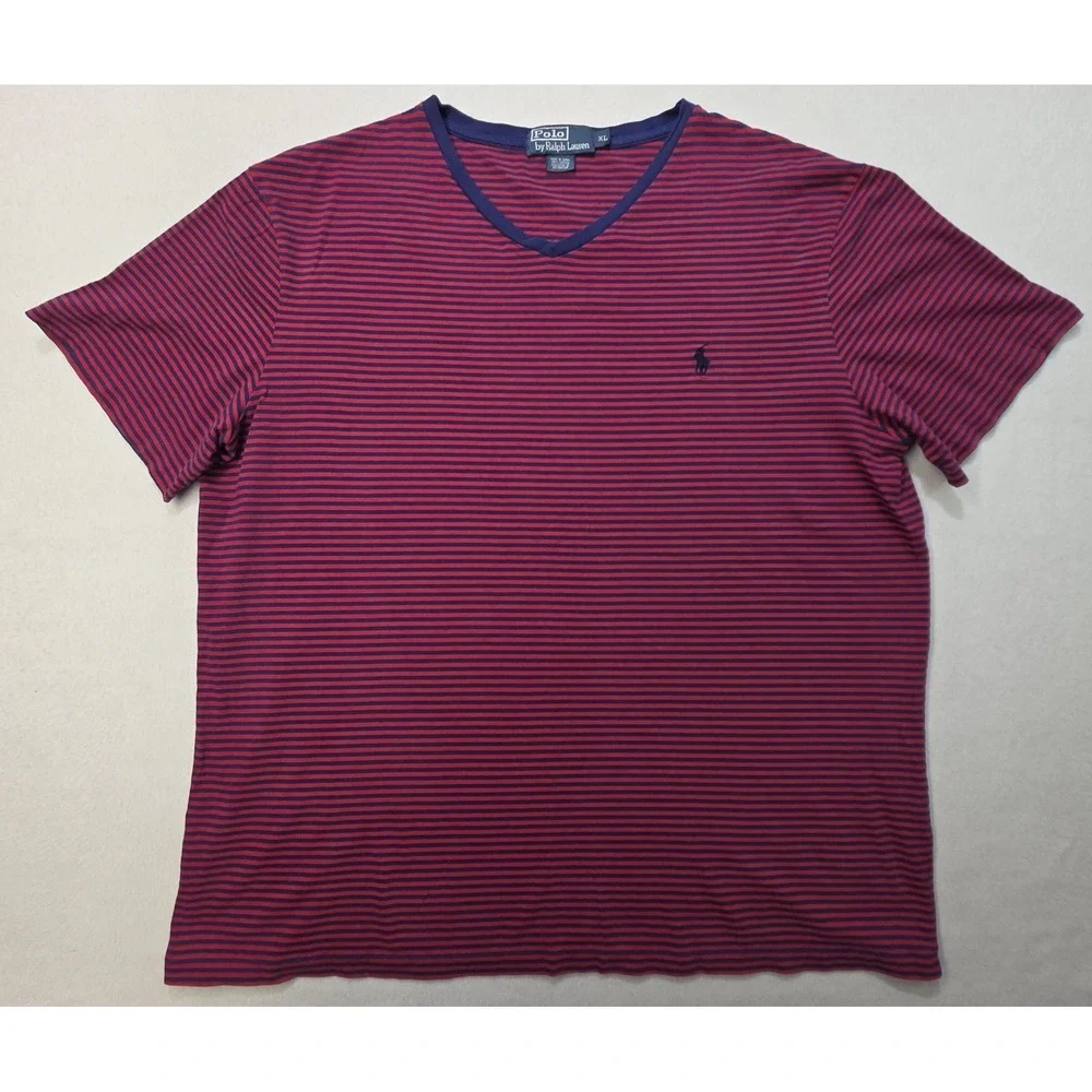 Polo Ralph Lauren Mens XL V-Neck Short Sleeve Shirt Blue Red Striped‎ Pony Logo